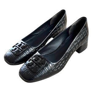TORY BURCH “Georgia” Black Croc Embossed Leather Heels